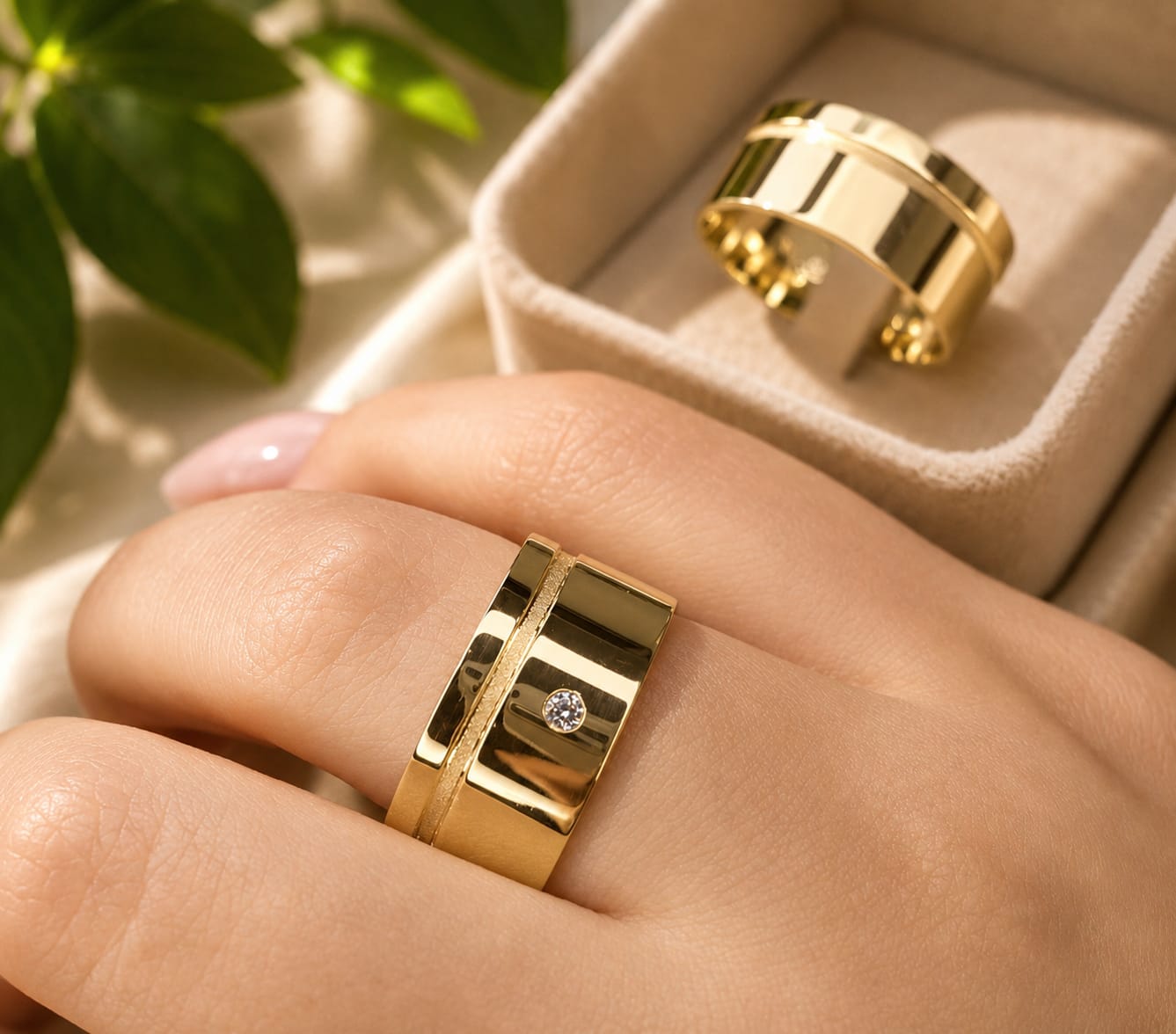 Aliança Ouro 18k Quadrado Trabalhado com Diamante