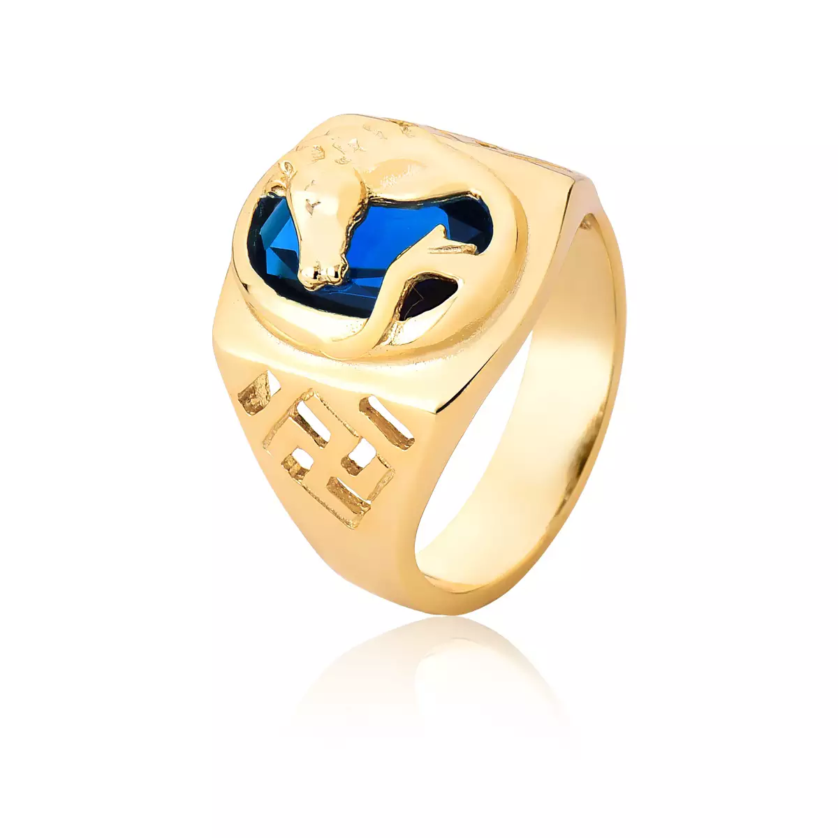 Anel Ouro 18k Cavalo com Safira