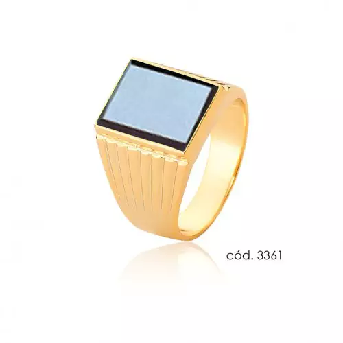 Anel Ouro 18k com Pedra Onix Trabalhado Lateral