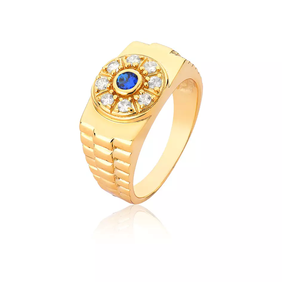 Anel Ouro 18k com Safira Azul e Diamantes