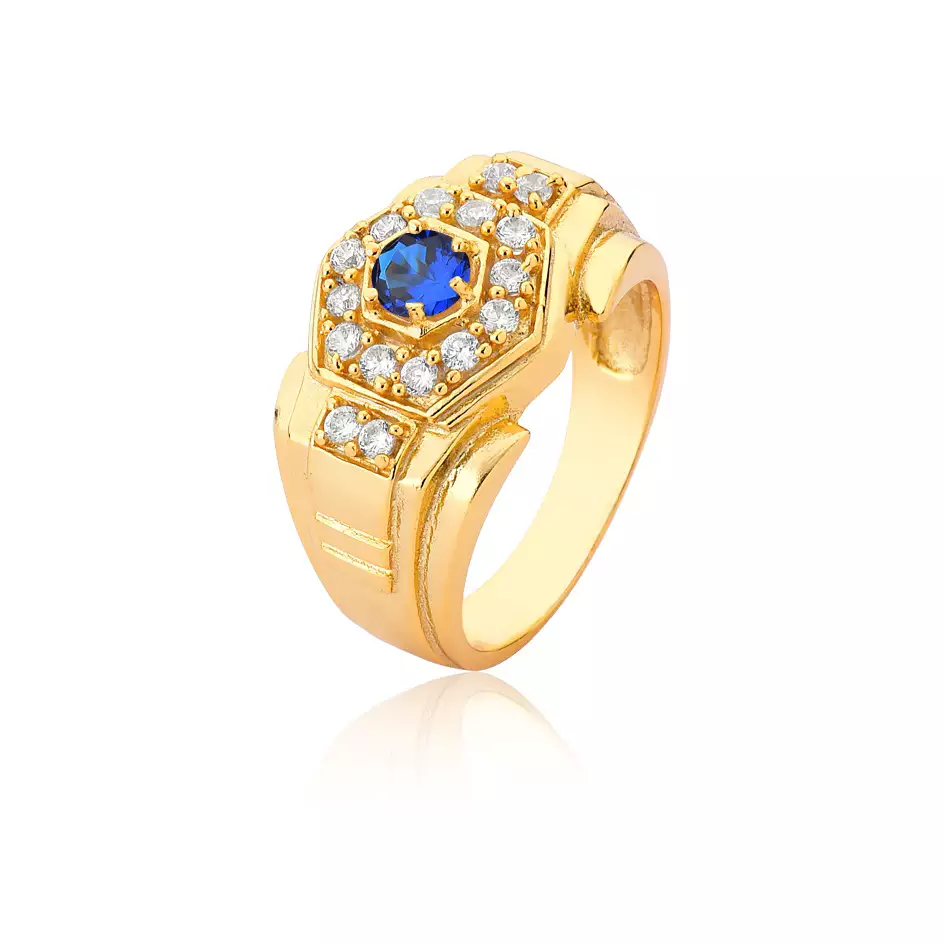 Anel Ouro 18k com Safira Azul e Diamantes