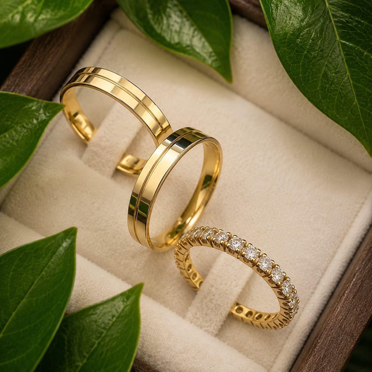 Conjunto Aliança e Meia Aliança Ouro 18k Pedra